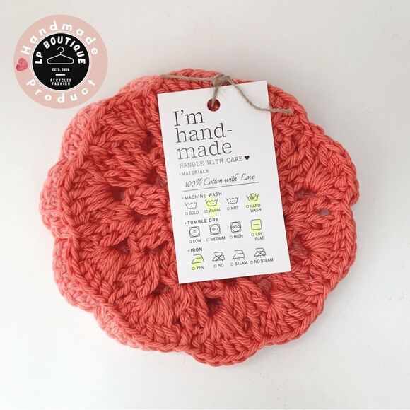 🧡Handmade Coral Cotton Crochet Coasters set of two - Picture 1 of 6